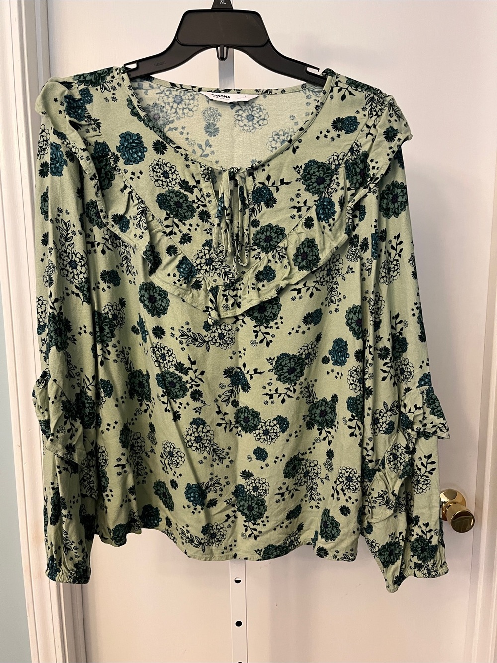 Sonoma Sage Green Floral Ruffle Tie-Neck Blouse